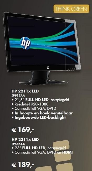 Promoties Mighty monitors 2211x led lv915aa - Huismerk - HP - Geldig van 01/08/2011 tot 31/10/2011 bij HP