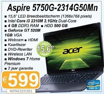 Promoties Acer aspire 5750g-2314g50mn - Acer - Geldig van 15/08/2011 tot 30/09/2011 bij Compudeals