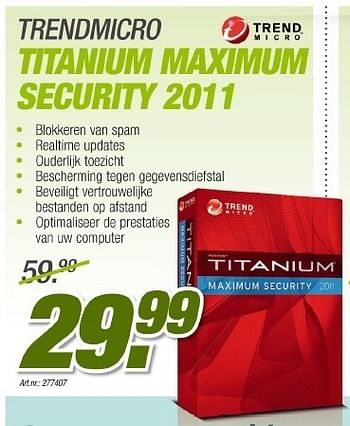 Promotions Trendmicro titanium maximum security 2011 - Trend Micro  - Valide de 23/08/2011 à 18/09/2011 chez Auva