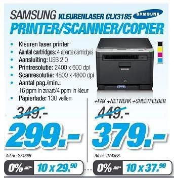 Promotions Samsung kleurenlaser cl3185 printer-scanner-copier - Samsung - Valide de 23/08/2011 à 18/09/2011 chez Auva