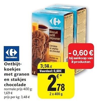 Promoties Ontbijtkoekjes met granen en stukjes chocolade - Huismerk - Carrefour  - Geldig van 24/08/2011 tot 30/08/2011 bij Carrefour