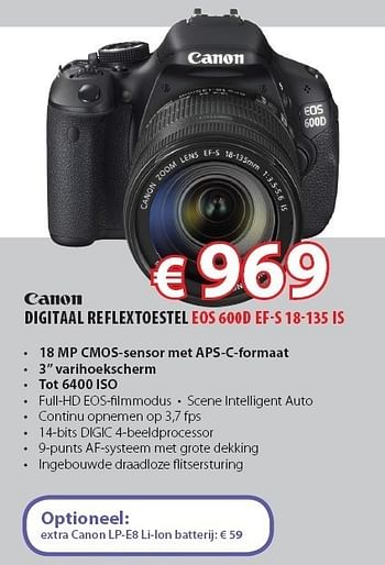 Promotions Digitaal reflextoestel eos 600d efs 18135 is - Canon - Valide de 28/08/2011 à 30/09/2011 chez Top Camera