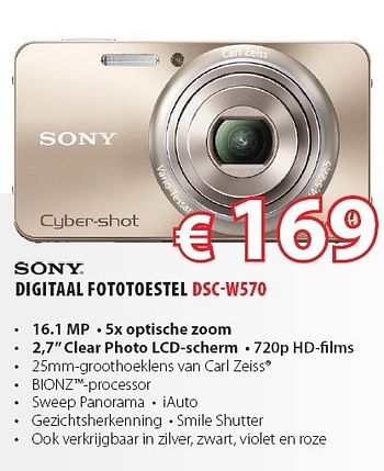Promoties Digitaal fototoestel dscw570 - Sony - Geldig van 28/08/2011 tot 30/09/2011 bij Top Camera
