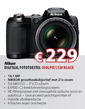 Promoties Digitaal fototoestel coolpix l120 black - Nikon - Geldig van 28/08/2011 tot 30/09/2011 bij Top Camera