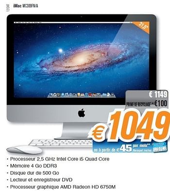 Promotions Imac mc309fn-a - Apple - Valide de 29/08/2011 à 25/09/2011 chez Krefel