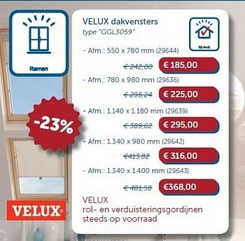 Promotions Velux dakvensters - Velux - Valide de 30/08/2011 à 26/09/2011 chez Zelfbouwmarkt