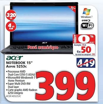 Promotions Notebook aspire 5253c - Acer - Valide de 30/08/2011 à 14/09/2011 chez Kitchenmarket