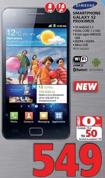 Promotions Smartphone galaxy s2 proximus - Samsung - Valide de 30/08/2011 à 14/09/2011 chez Kitchenmarket