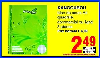 Promotions Kangourou bloc de cours a4 quadrillé, commercial ou ligné - Kangourou - Valide de 01/09/2011 à 14/09/2011 chez Spar (Colruytgroup)