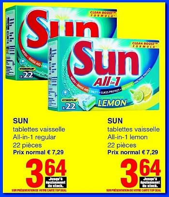 Promotions Sun tablettes vaisselle all-in-1 regular - Sun - Valide de 01/09/2011 à 14/09/2011 chez Spar (Colruytgroup)