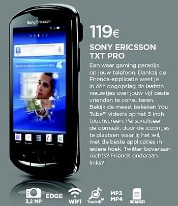 Promoties Sony ericsson txt pro - Sony Ericsson - Geldig van 01/09/2011 tot 30/09/2011 bij ALLO Telecom