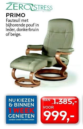 Promotions Primo fauteuil met bijhorende pouf in leder, donkerbruin - Zero Stress - Valide de 01/10/2011 à 30/10/2011 chez Meubelen Gova