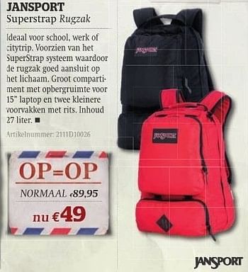 Promotions Superstrap rugzak - Jansport - Valide de 11/10/2011 à 06/11/2011 chez A.S.Adventure