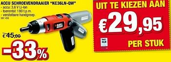 Promoties Accu schroevendraaier kc36ln-qw - Black & Decker - Geldig van 12/10/2011 tot 23/10/2011 bij Hubo