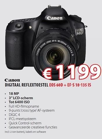Promoties Digitaal reflextoestel eos 60d - Canon - Geldig van 24/10/2011 tot 25/11/2011 bij Top Camera