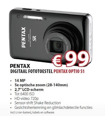 Promoties Digitaal fototoestel pentax optio s1 - Pentax - Geldig van 24/10/2011 tot 25/11/2011 bij Top Camera