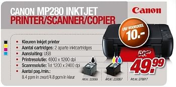 Promoties Canon mp280 inktjet printer-scanner-copier - Canon - Geldig van 26/10/2011 tot 12/11/2011 bij Auva
