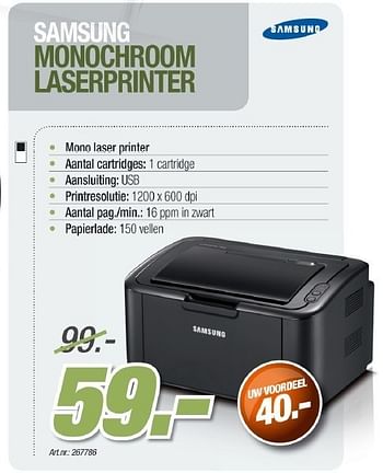 Promotions Samsung monochroom laserprinter - Samsung - Valide de 26/10/2011 à 12/11/2011 chez Auva