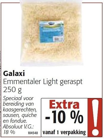 Promotions Emmentaler light geraspt - Galaxi - Valide de 26/10/2011 à 08/11/2011 chez Colruyt