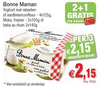 Promotions Bonne maman yoghurt met rabarberof aardbeienconfituur - Bonne Maman - Valide de 01/11/2011 à 06/11/2011 chez Intermarche