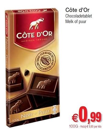 Promotions Côte d or chocoladetablet melk of puur - Cote D'Or - Valide de 01/11/2011 à 06/11/2011 chez Intermarche