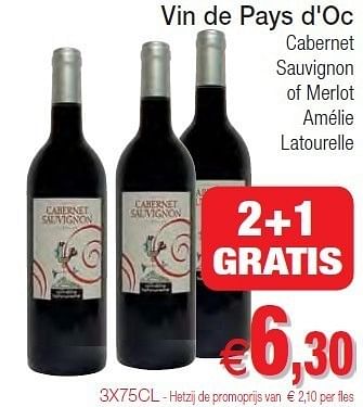 Promoties Vin de pays d oc cabernet sauvignon of merlot amélie latourelle - Rode wijnen - Geldig van 01/11/2011 tot 06/11/2011 bij Intermarche