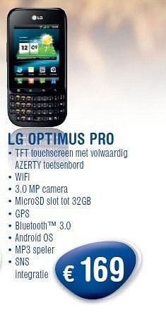 Promotions Lg optimus pro - LG - Valide de 01/11/2011 à 30/11/2011 chez Belcompany