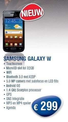 Promotions Samsung galaxy w - Samsung - Valide de 01/11/2011 à 30/11/2011 chez Belcompany