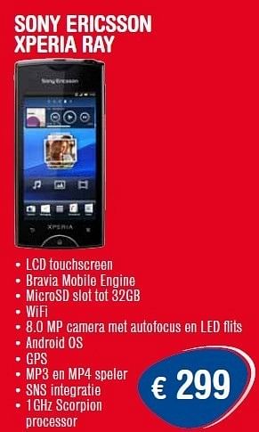 Promoties Sony ericsson xperia ray - Sony Ericsson - Geldig van 01/11/2011 tot 30/11/2011 bij Belcompany