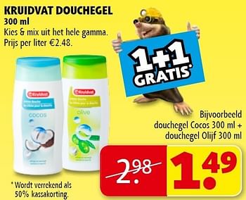 Promoties Douchegel cocos + douchegel olijf - Huismerk - Kruidvat - Geldig van 01/11/2011 tot 06/11/2011 bij Kruidvat