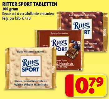 Promotions Ritter sport tabletten - Ritter Sport - Valide de 01/11/2011 à 06/11/2011 chez Kruidvat