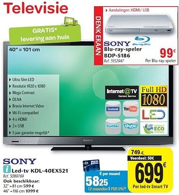 Promoties Led-tv kdl-40ex521 - Sony - Geldig van 02/11/2011 tot 12/11/2011 bij Carrefour