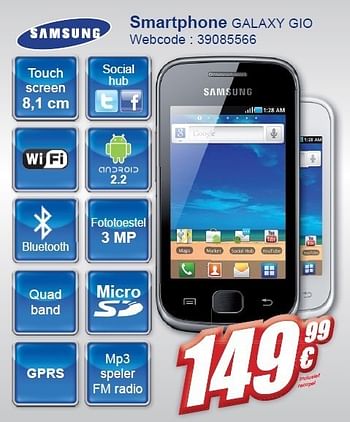 Promoties Smartphone galaxy gio - Samsung - Geldig van 02/11/2011 tot 15/11/2011 bij Eldi