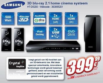 Promoties 3d blu-ray 2.1 home cinema systeem ht-d5200 - Samsung - Geldig van 02/11/2011 tot 15/11/2011 bij Eldi
