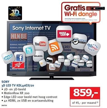 Promoties 3d led tv kdl40ex720 - Sony - Geldig van 07/11/2011 tot 17/11/2011 bij De Harense Smid