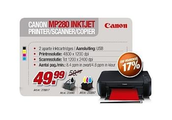 Promotions Mp280 inktjet printer scanner copier - Canon - Valide de 30/11/2011 à 17/12/2011 chez Auva