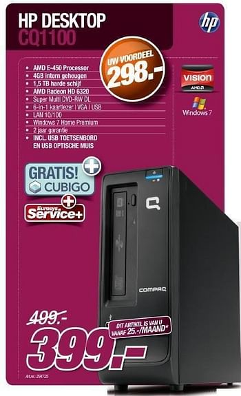 Promotions Hp desktop cq1100 - HP - Valide de 30/11/2011 à 17/12/2011 chez Auva