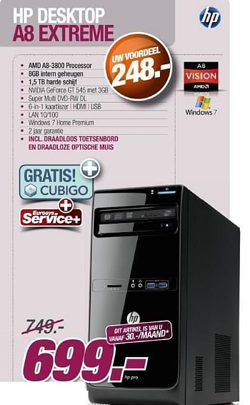 Promoties Hp desktop a8 extreme - HP - Geldig van 30/11/2011 tot 17/12/2011 bij Auva