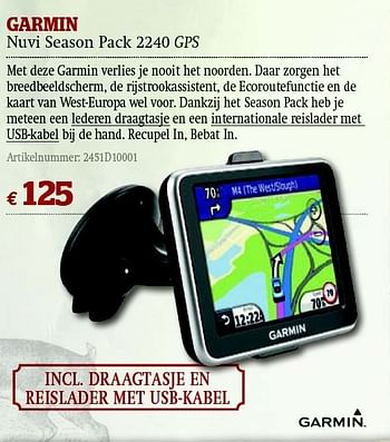 Promoties Nuvi season pack 2240 gps - Garmin - Geldig van 01/12/2011 tot 31/12/2011 bij A.S.Adventure