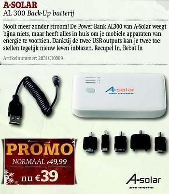 Promotions Al 300 back-up batterij - A-Solar - Valide de 01/12/2011 à 31/12/2011 chez A.S.Adventure