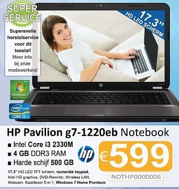 Promoties Notebook hp pavilion g7 1220eb - HP - Geldig van 01/12/2011 tot 15/01/2012 bij Compudeals