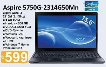 Promoties Notebook aspire 5750 2314g50mn - Acer - Geldig van 01/12/2011 tot 15/01/2012 bij Compudeals