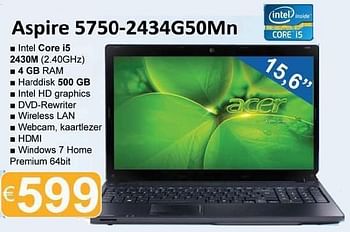 Promoties Notebook aspire 5750 2434g50mn - Acer - Geldig van 01/12/2011 tot 15/01/2012 bij Compudeals