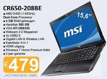 Promoties Notebook cr650 208be - MSI - Geldig van 01/12/2011 tot 15/01/2012 bij Compudeals