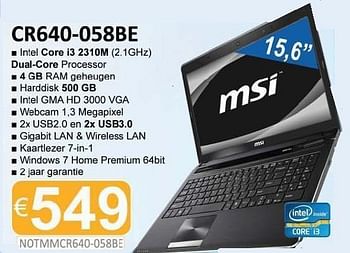 Promoties Notebook cr640 058be - MSI - Geldig van 01/12/2011 tot 15/01/2012 bij Compudeals