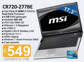 Promoties Notebook cr720 277be - MSI - Geldig van 01/12/2011 tot 15/01/2012 bij Compudeals