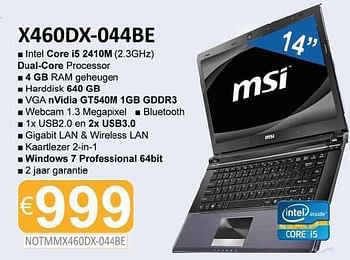 Promoties Notebook x640dx 044be - MSI - Geldig van 01/12/2011 tot 15/01/2012 bij Compudeals