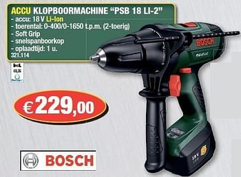 Promoties Accu klopboormachine psb 18 li-2 - Bosch - Geldig van 21/12/2011 tot 08/01/2012 bij Hubo