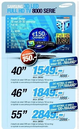 Promotions 3d led full hd tv 8000 serie - Samsung - Valide de 04/01/2012 à 31/01/2012 chez Auva