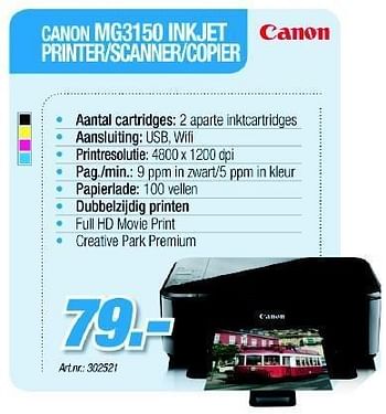 Promoties Mg3150 inkjet printer-scanner-copier - Canon - Geldig van 01/02/2012 tot 29/02/2012 bij Auva